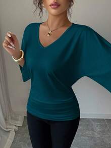 Elenzga Women's Solid Color Batwing Sleeve V-Neck Short Sleeve T-Shirt