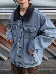 FRIFUL Women's Loose Casual Denim Jacket And Coat - Blue - View 5