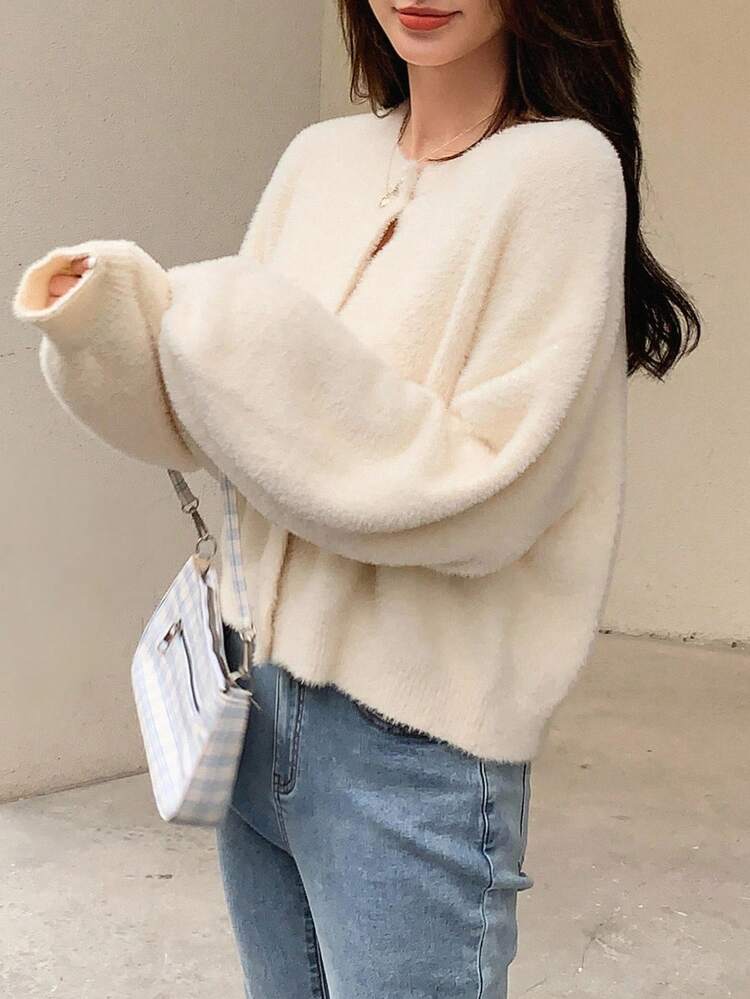 Drop Shoulder Fluffy Knit Button Front Cardigan,Long Sleeve Tops,Fall Clothes Jacket