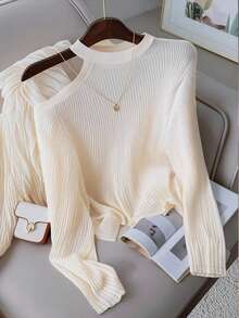 Franclia Plus Size Women's Solid Color Slim Fit Oblique Shoulder Long Sleeve T-Shirt, Ribbed Knit Top