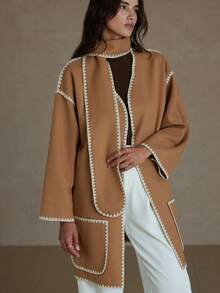 GENKIRA Women's Long Overcoat With Shell Crafted Design - Camel - View 3