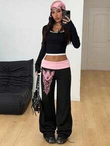 Coolane 女士秋冬演唱会狂欢节外出文艺复兴博览会俱乐部图案撞色腰带黑色喇叭裤 - 黑色 - 查看 4
