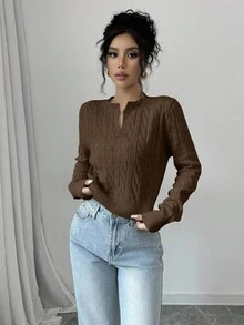 Elenzga Simple Solid Color Casual Daily Short Crew Neck Women Sweaters - Coffee Brown - View 4