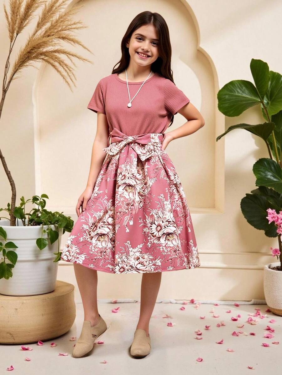 Đầm ngắn tay in hoa màu khối cổ tròn thanh lịch cho nữ - Gỗ đỏ - Xem 1