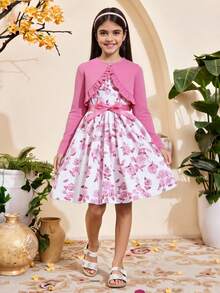 Tween Girl Floral Print Dress & Button Up Ruffle Trim Jacket,Holiday,Summer,Travel - Pink - View 4