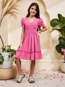 Solid Color V-Neck Short Sleeve Dress For Tween Girls, Summer,Holiday,Summer,Travel - Watermelon Pink - View 5