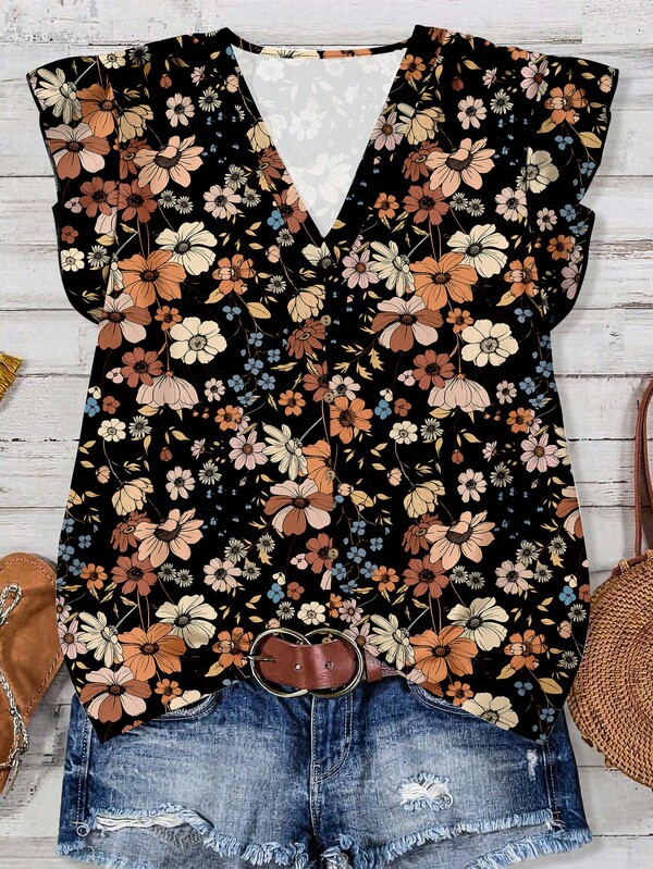 SHEIN LUNE 女式极简风格黑色底棕色彩色花卉全印花V领衬衫，休闲简约，适合夏季、初秋、复古