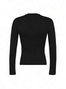 INAWLY Camiseta casual feminina cropped, decote em V, manga comprida, cor sólida - Preto - Ver 4