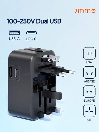 JMMO Travel Adapter, Worldwide All In One Universal Travel Adaptor AC Power Plug Adapter Wall Charger With USB-C And USB-A Charging Ports For USA EU UK AUS Black