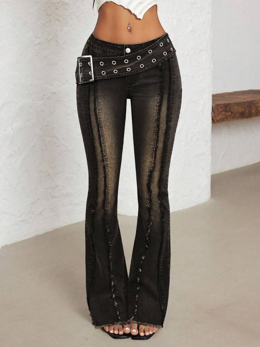 SHEIN PETITE Women's Fashion Button Frayed Hem Flare Jeans - Black - View 1