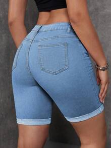 SHEIN ICON Shorts vaqueros elásticos ajustados de talla grande color azul claro para uso casual y de vacaciones