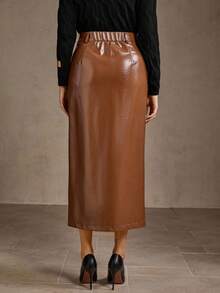 MOTF PREMIUM PU皮革开衩裙 - 咖啡棕 - 查看 3