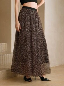 Arave Women's Woven Mesh Leopard Print Digital Print Fabric Elastic Waist Double Mesh 3D Leopard Print Design Elegant Date Long Skirt Fall Clothes For Women Cheetah Print - Brown - View 5