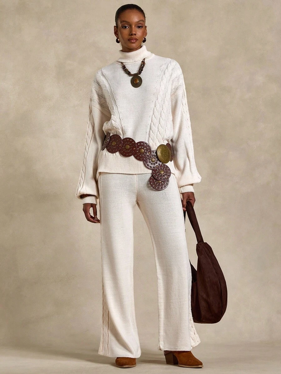 Bóhologie Casual Crew Neck Oversize Crew Round Neck Balloon Sleeve Cable Knit Cozy Comfy Warm Touch Sweater & Wide Leg High Waist Knit Pants Pyjama Comfy Look For Fall Winter Women Outfits Cream Outfit Women Two Pieces Set Women Knit Two Pieces Set Women's Knit Set Cream Two Pieces Outfit - Apricot - View 1