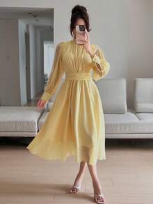 DAZY Đầm dự tiệc, hẹn hò, dáng rộng, dài ngang gối dành cho nữ, đầm thường ngày, đầm sinh nhật, quần áo cỡ lớn cho nữ, đầm dự tiệc mùa hè, đầm dạ hội, đầm thanh lịch cho nữ. - Màu vàng - Xem 3