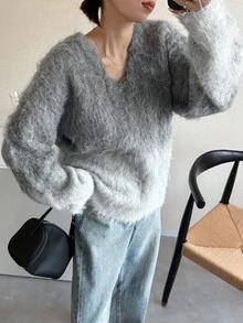 FRIFUL Women's V-Neck Ombre Fluffy Loose Fit Casual Pullover Sweater, Thickened And Thermal Lined - Grey - View 3