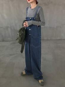 FRIFUL Women's Pocket Design Button Front Casual Wide Leg Jumpsuit Overalls - Blue - View 3