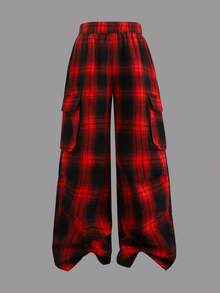 SHEIN 2pcs/Set Tween Girl Ribbed Ruffle Short Sleeve T-Shirt And Red Plaid Ruffle Pocket Casual Pants Outfit - Red - View 5