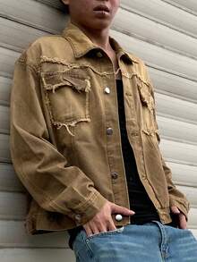 Manfinity LEGND Áo khoác denim tay dài dáng rộng, túi hộp, họa tiết tua rua, thường ngày cho nam mùa thu - màu nâu - Xem 7