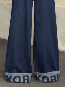 Jeanoix 女士时尚 Y2K 新年字母休闲牛仔裤 - 深色水洗藍 - 查看 2