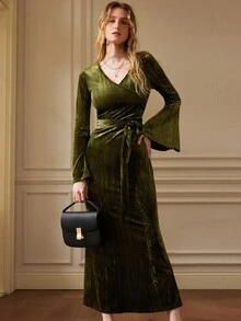 Écloséra French Retro Elegant Green Overlapping V-Neck Trumpet Sleeve Velvet Slim And Elegant Can Be Worn Outside Or As A Base For Women's Dressautumn Fall Clothes For Women Fall Autumn Clothes Fall Outfits For Women Autumn Outfits For Women Fall Clothes Autumn Women  Fall Women Clothes  Going Out Outfit Going Out  Winter Winter Clothes For Women Elegant Fashionable Casual Commuting Business Office Daily Leisure All-Match Temperament Urban Teacher Professional Attire - Turquoise - View 3