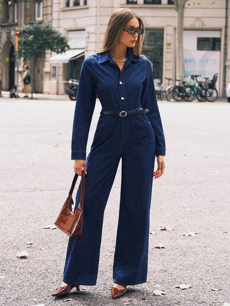 Avantive 秋冬 万圣节 圣诞节 新年 外出 毕业舞会 优雅 正式 奢华 时尚 商务休闲 生日/办公室服装/乡村 演唱会/俱乐部服装 性感/西部/工作服/街头服饰/复古/节日/鸡尾酒会/狂欢/舞会/夏威夷/机场/搞笑/基本款/早午餐服装/2000 年代风格/紧身/老钱风格/教堂/返校节/优雅/派对/端庄/约会之夜/长袖/牛仔/蓝色水洗低腰宽松阔腿牛仔连体裤 - 藏蓝色 - 查看 5