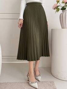 DAZY Damen eleganter plissierter A-Linien Rock, Herbst Winter Damen Röcke - Armeegrün - Übersicht 6