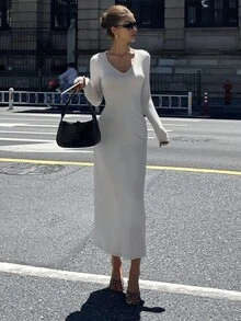 DAZY Vestido de mujer de unicolor con cuello en V y pliegues, de longitud media, para otoño - Gris - Ver 7