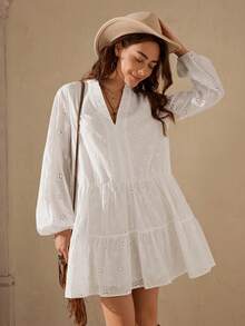 Wildy Vestido corto casual de mujer con mangas farol, cuello en V, dobladillo con volantes, bordado y estampado tie-dye, estilo vacacional