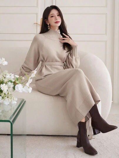 DAZY Women's Casual Solid Color High Collar Belted Sweater Dress, Autumn