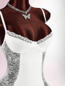 Amplova 性感撞色蕾丝收腰金色女式连体裤 - 白色 - 查看 6