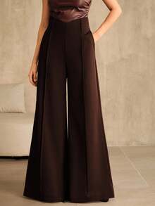 Anewsta Quần ống loe bỏ túi thời trang lưng cao hình chữ V màu trơn dành cho nữ, thanh lịch cho mùa thu/đông - Màu Đỏ Sâu - Xem 3