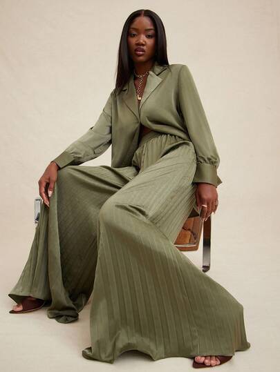 NYA SZN Christina Pant High Rise Flowy Wide Leg Pleated Satin Oversized Business Casual Everyday Casual Office Teacher Vacation Travel Cute Modest Old Money Church Fall Winter Suitable For Commuting Statement Festival Outfits For Women