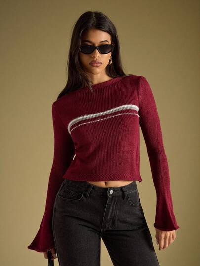 SHEIN BAE Women's Minimalist Regular Bell Sleeve Crew Neck Sweater Top,Women's Sweater,Winter Clothes,Back To School Clothes,Casual Sweaters,Burgundy Sweater,Spring Sweaters, Everyday Casual Wear,