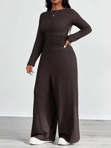 SHEIN PETITE CURVE 2pcs Plus Size Textured Brown Pleated Long Sleeve Top And Pockets Pants Set - Brown - View 4