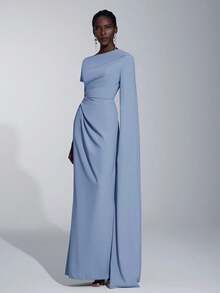 Elitara 优雅不对称袖荷叶边下摆长袖连衣裙，适合婚礼、正式活动、约会、伴娘