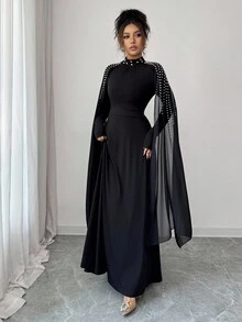 Elenzga 高端奢华中东女士时尚优雅立领百褶连衣裙 - 黑色 - 查看 6