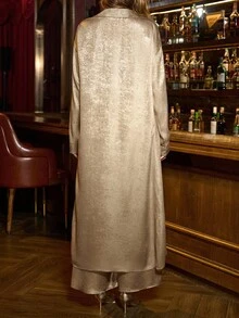 SHEIN Clasi 女士优雅长款外套和阔腿裤两件套，适合秋季日常穿着 - 金色 - 查看 3