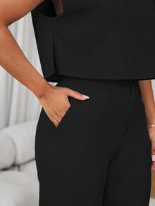 Lunelith SHEIN Lunessa 2pcs/Set Women French Style V-Neck Short Sleeve Top & High Waisted Wide Leg Pants Set, Versatile - Black - View 7