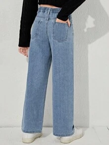 SHEIN Jeans rectos de cintura elástica estilo Y2K para niña preadolescente, de uso diario con bolsillos planos - Azul lavado medio - Ver 2