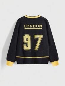 ROMWE Street Life Plus Size Women's Loose Knit Cardigan With Street & School Inspired Letter, Number & Color Block Design, Suitable For Autumn/Winter Sports - Black - View 2