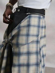 PAVTROS Manfinity Streetrush 男士拼接阔腿裤，可拆卸二合一格子系带设计，纽扣开合，秋冬街头服饰，万圣节服装，INS 街头服饰，男装，男士运动裤，中性风格，说唱歌手服装，男朋友礼物 - 黑色 - 查看 6