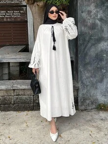 DAZY Floral Embroidery Loose Drawstring Tassel Tie Lantern Sleeve Casual Vacation Dress For Women, Autumn Long Sleeve Dress Modest Fashion - White - View 3