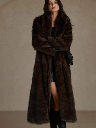 Aveloria Rosie Elegant Vintage Deep Coffee Faux Fur Coat, Shawl Collar Cinched Waist Design Accentuates Graceful Silhouette, Long Length Exudes Sophistication, Suitable For Formal Events And Parties