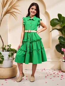 SHEIN Tween Girl 蕾丝边翻领前扣中长连衣裙，休闲和度假 - 綠色 - 查看 3