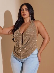 SHEIN BAE Plus Size Women Rhinestone & Pearl Decor Draped Neck Top,Chocolate Brown,Summer,70's,Night Out Club,Party, Elegant Formal Wedding Guest Dressy Top - Khaki - View 4