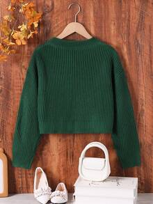 青少年女孩纯色圆领落肩休闲套头毛衣绿色短款毛衣青少年女孩绿色短款上衣青少年女孩绿色上衣针织上衣女童秋冬短款毛衣 - 墨綠色 - 查看 2