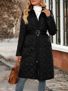 EMERY ROSE Chaqueta larga casual de invierno de un solo pecho de unicolor y manga larga para mujer - Negro - Ver 5