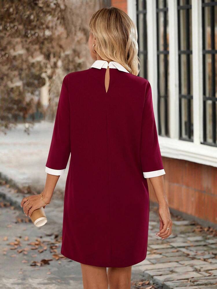 EMERY ROSE Women's Contrast Color Peter Pan Collar 3/4 Sleeve Straight Elegant Commuter Mini Dress Burgundy Dress For Women  Fall Dresses For Women Fall Clothes For Women Fall Dresses For Women Christmas Dress Going Out Outfit Elegant Dresses For Women Birthday Dresses For Women - Red - View 2