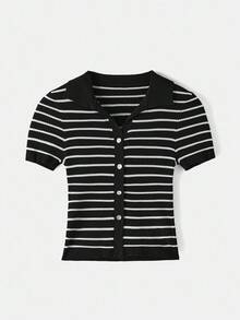 BizChic Women's Romantic Elegant Striped Collared Button Short Sleeve Knit Sweater, Versatile For Business Casual, Daily Commute, Office Wear,Knitted Sweater - Black and White - View 8
